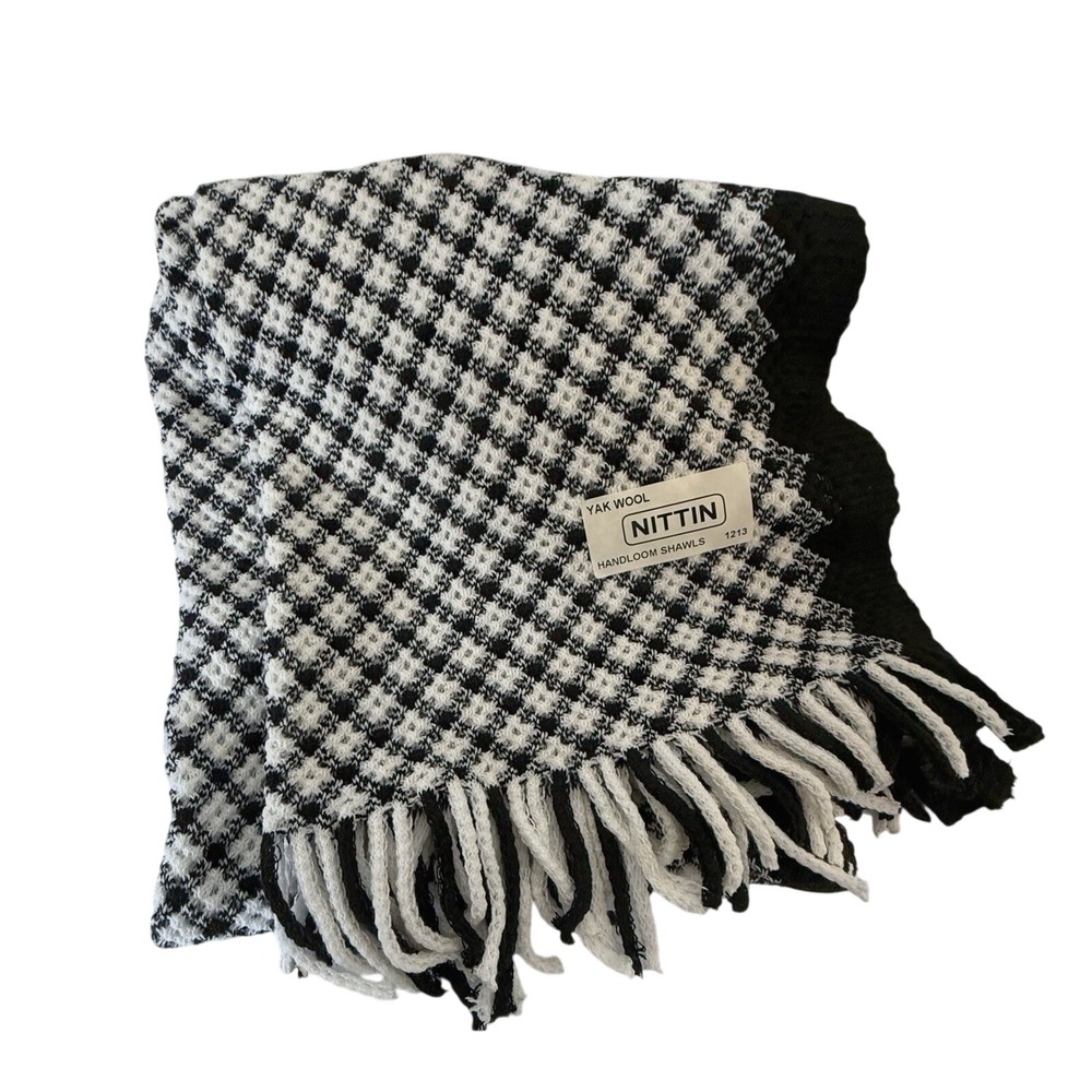 NITTIN Yak Wool Handloom Shawl Wrap Scarf Houndstooth Fringe 74x22 Black White